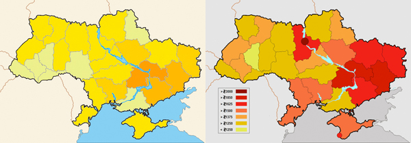 De mørkeset områdene på kartet til venstre er de viktigste industriområdene. Kartet til høyre viser at med unntak av området rundt hovedstaden Kiev, så er det industriområdene som har høyest lønn.